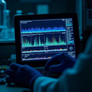 ガスクロマトグラフィー質量分析器のディスプレイに表示される分析結果