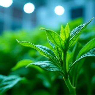 環境制御された温室で栽培される希少ハーブのクローズアップ